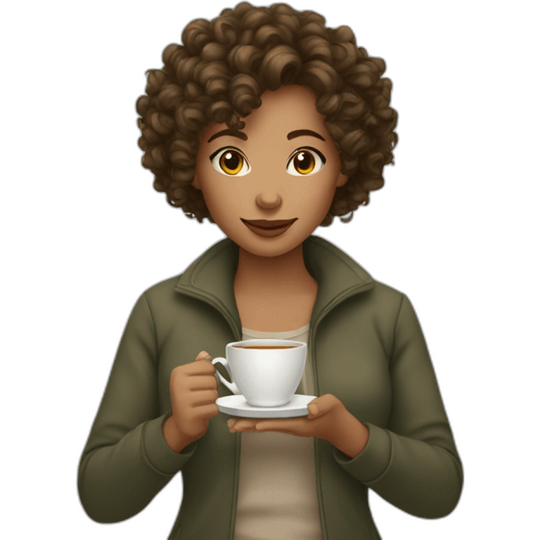 woman with curly short hair brown light skin drinking tea emoji