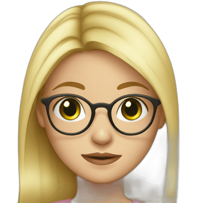 young blonde girl with glasses, round face, picky nose, green eyes emoji