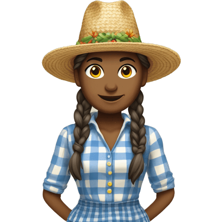 Festa Junina country woman with straw hat, braided hair, checkered clothes, dark white skin emoji