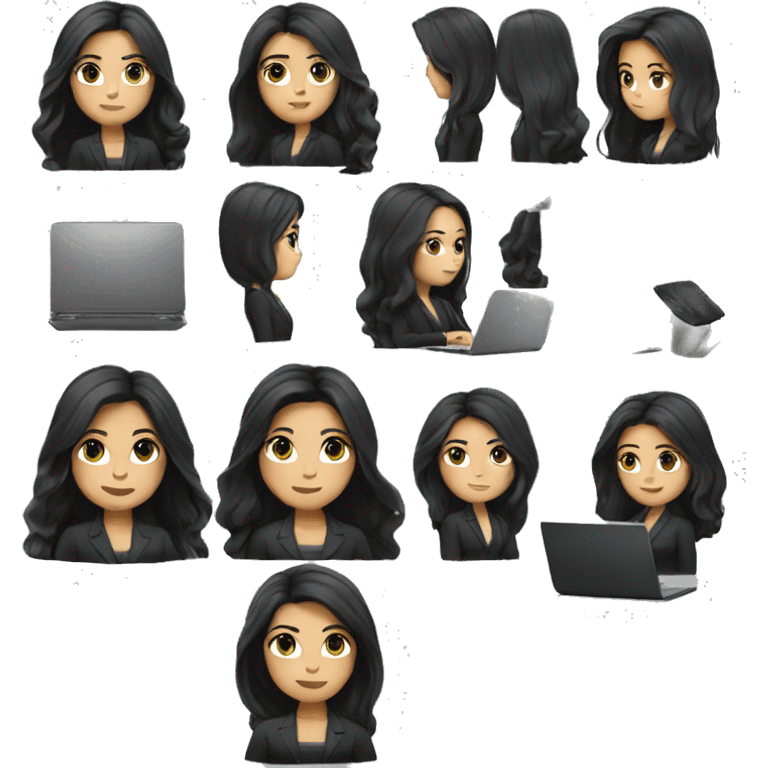 white yang girl with long black hair, black eyes, a business dress, and with a laptop emoji