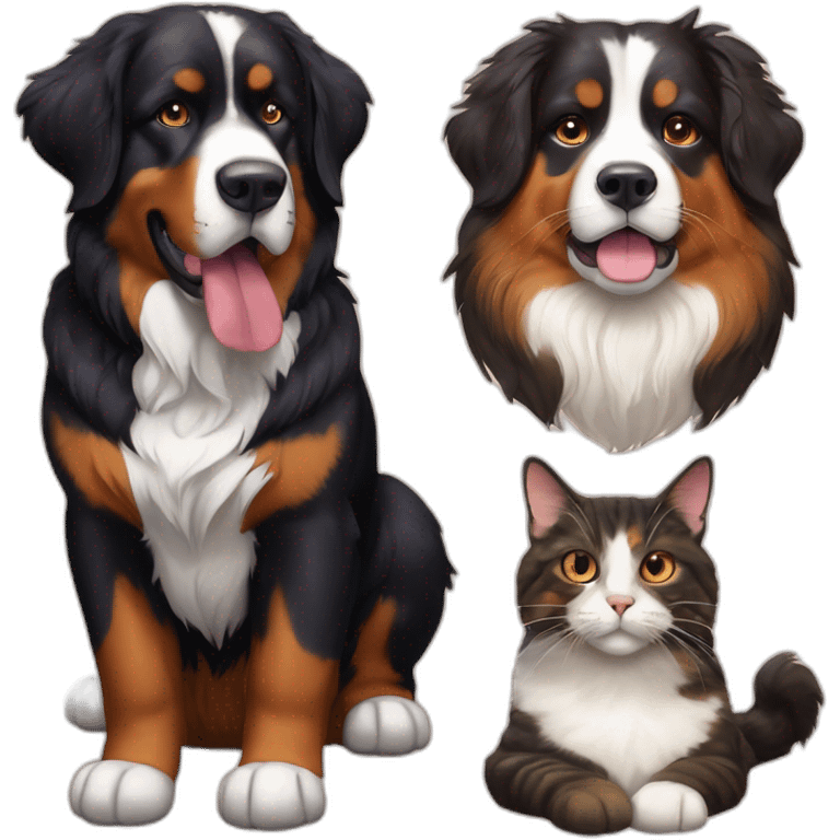 A Bernese dog next to A tortoiseshell cat without white emoji