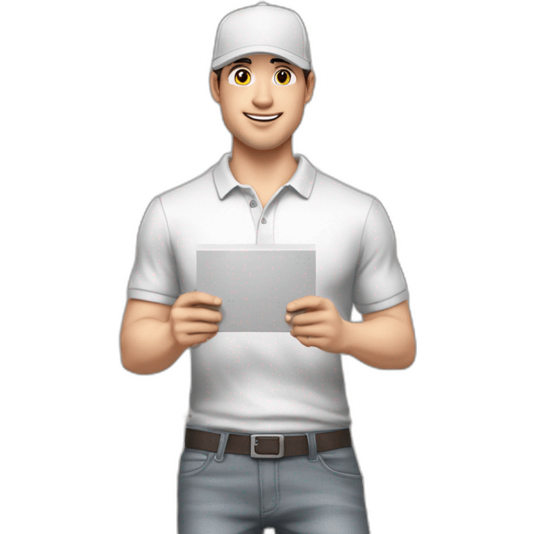 Pale skinned fit Man with dark brown hair in a white cap, gray jeans and gray polo T-shirt keeping a pasted with tape white box into his hands emoji