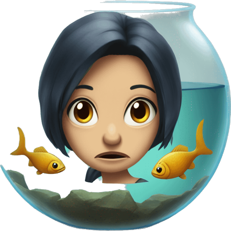 Very old fish in a fishbowl with a angry dark hair girl staring  emoji