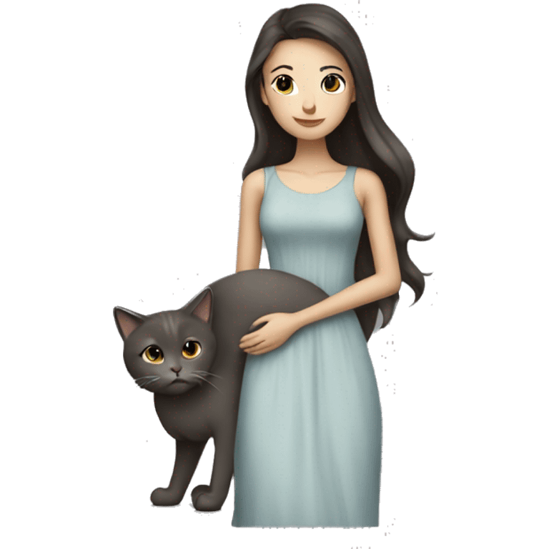 Beautiful skinny woman long dark brown hair in dress hug grey cat emoji