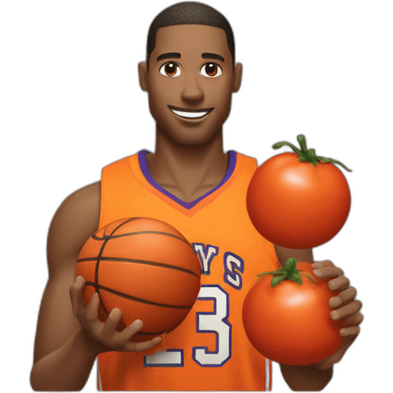 Basketball player wearing orange squeezing a tomato emoji