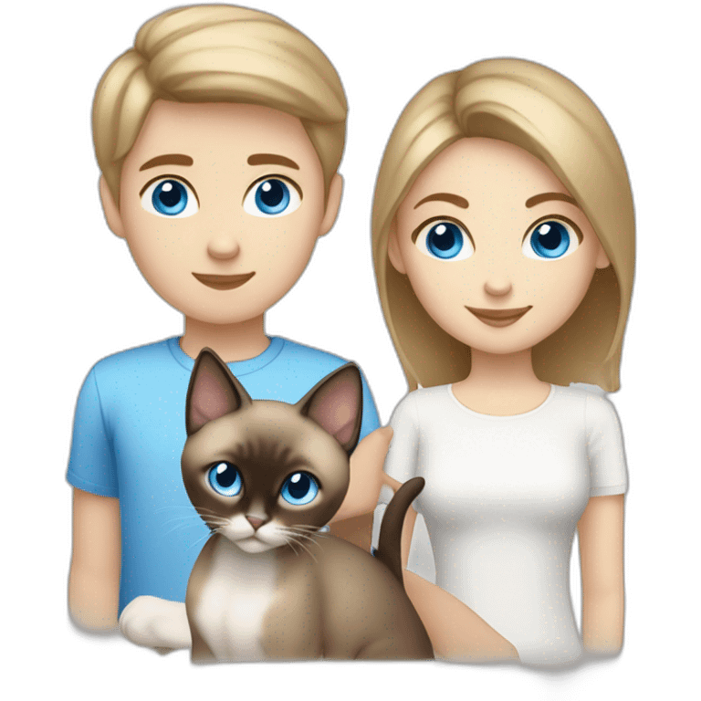 Brown short haired girl with blond boy blue eyes and blued eyes Siamese cat emoji