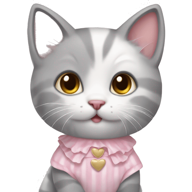 Cute gray and white kitten wearing a pink and white dress emoji