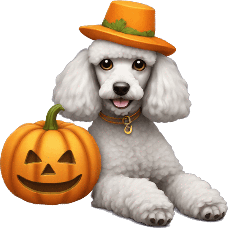 poodle relaxing with pumpkin hat emoji