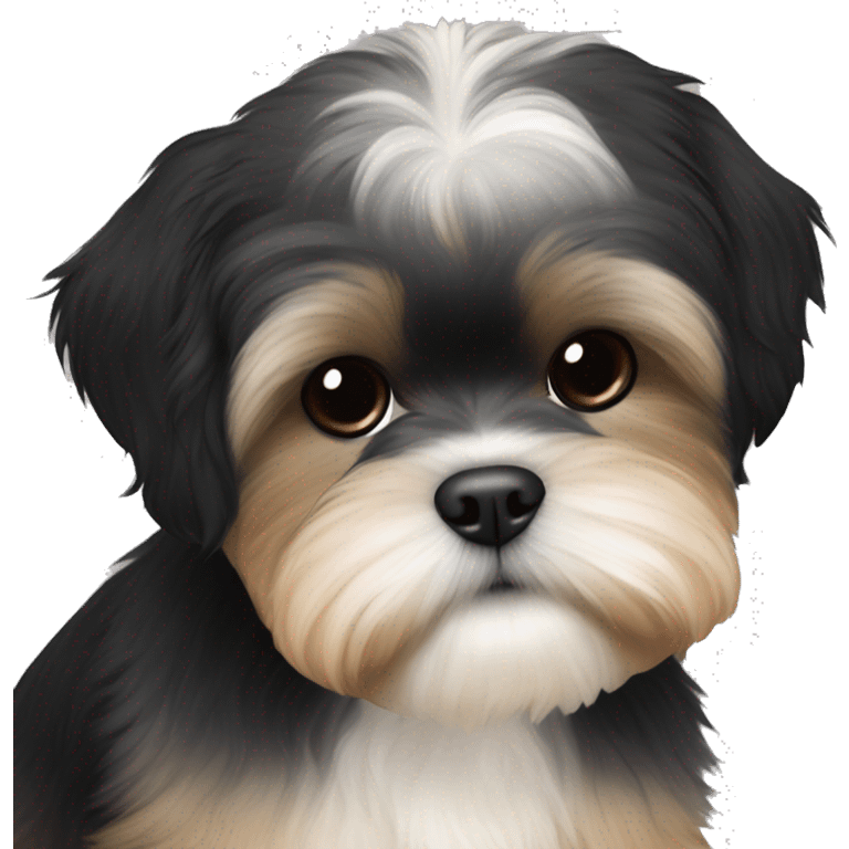 Shih tzu black puppy, yorkie coloring with light colored eyebrows. Round face, short ears. Looks like teddy bear  emoji