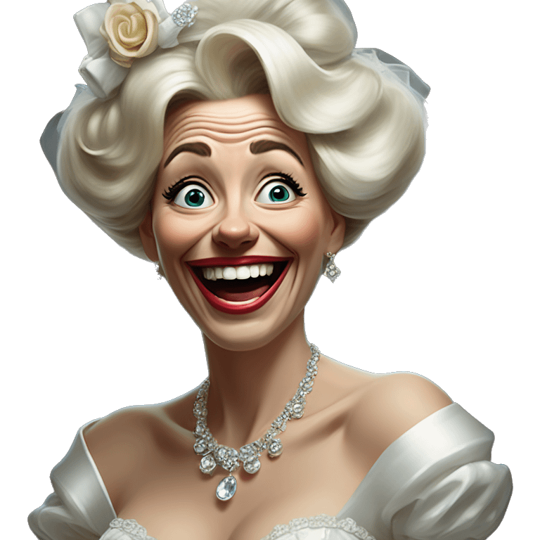 Laughing insane bride in Uncle Scrooge style, oil paint, mysterious eyes, intricate lips, masterpiece pose, odd perspective, beautiful, desirable, logical emoji