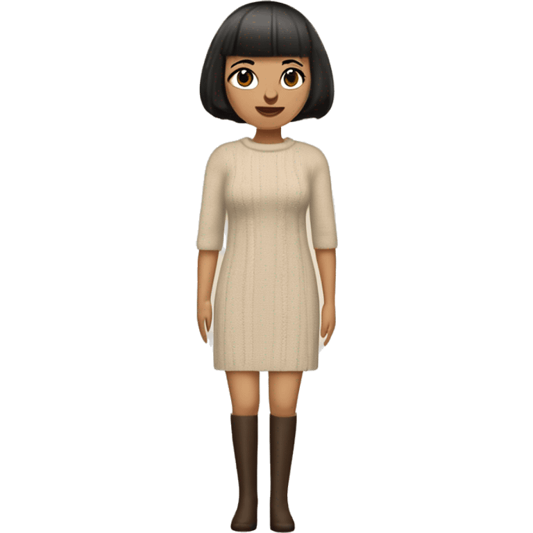 Romanian woman with a short bob haircut featuring bangs that slightly cover her eyes. Natural makeup,slightly flushed cheeks,light beige straight-fit chunky knit dress with a twist pattern.black heels,dark brown shimmering stockings. emoji