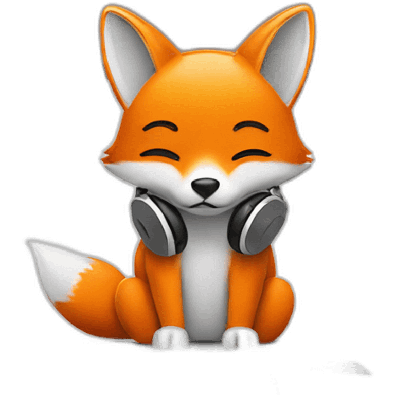 An orange fox in headphones sits at a laptop  emoji