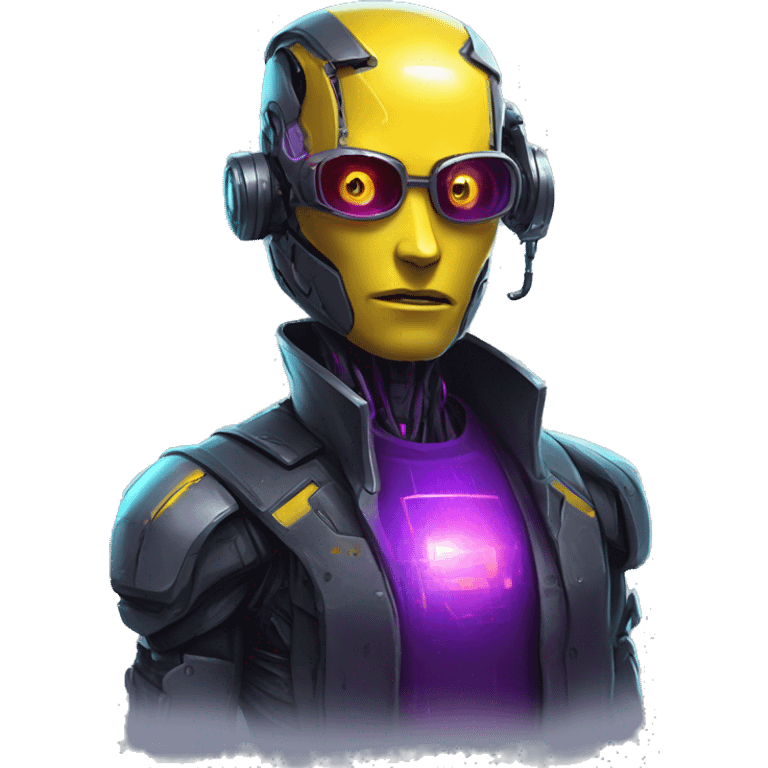 agent, laser eyes, yellow robotic face, cyberpunk, code, cyan and purple colors, only upper body portrait emoji