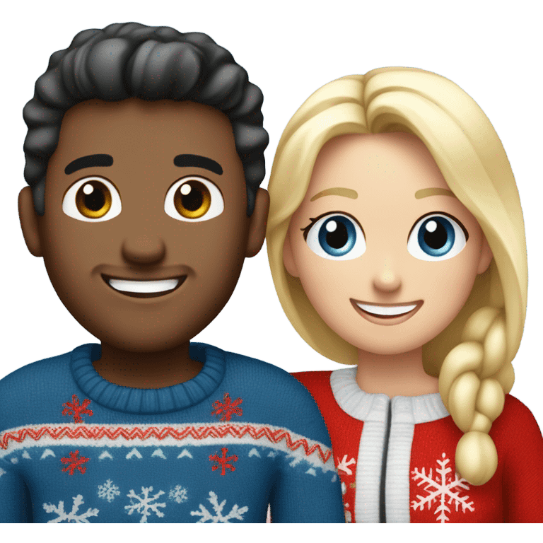 Happy white black hair guy with red christmas jumper and blue jeans , and happy blonde woman with white christmas jumper blue jean emoji