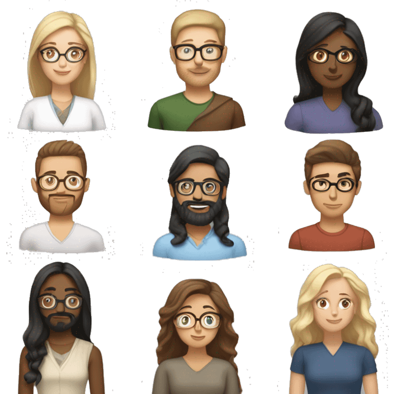 One Indian man with dark hair and a beard, one Caucasian man with brown hair and glasses, and five Caucasian women with varying hair colors: short blonde, shoulder-length blonde, long dark hair with glasses, dark hair, and long brown hair. emoji