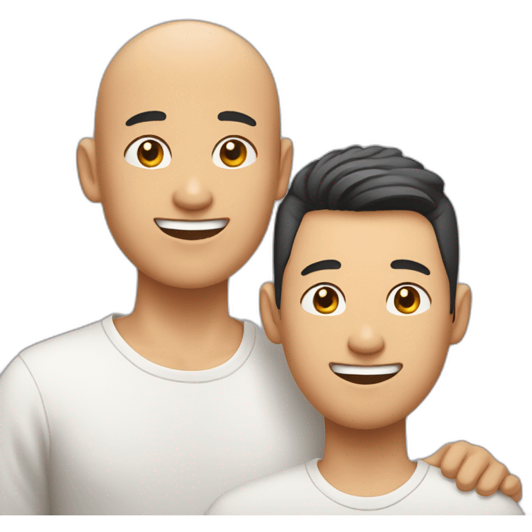 Happy asian gay couple, 1 guy with hair and 1 guy without hair emoji