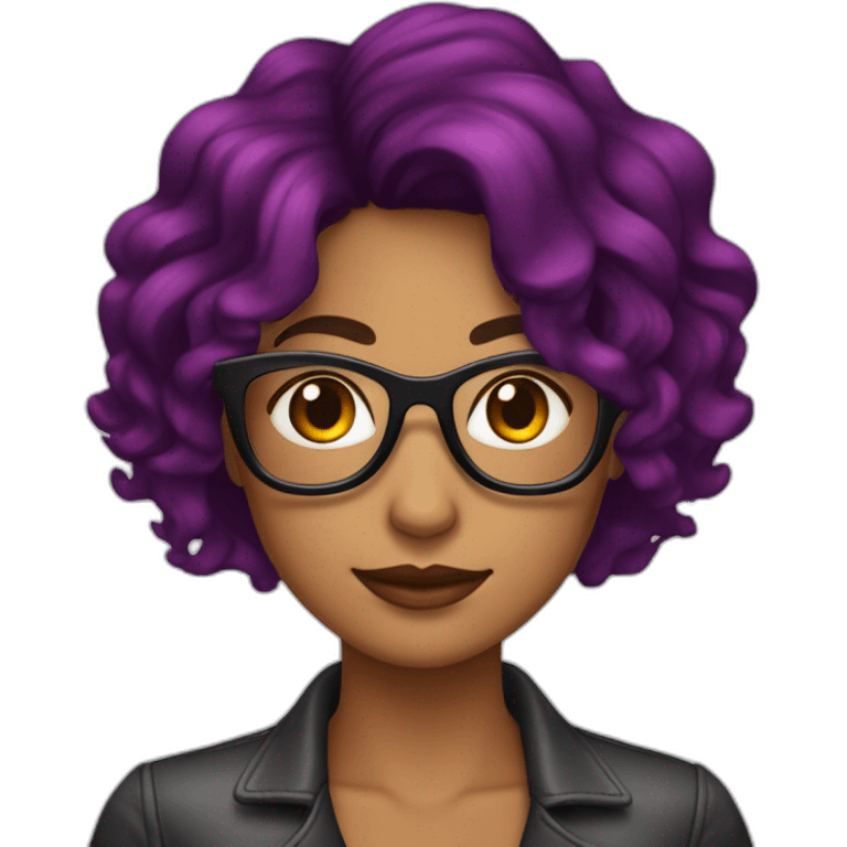 Chica pelo negro mechas rojas, pecas, pelo media melena. Gafas moradas emoji