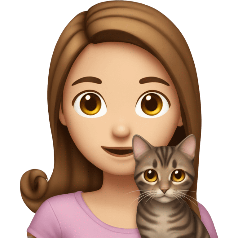 girl with brown hair holding brown tabby cat emoji