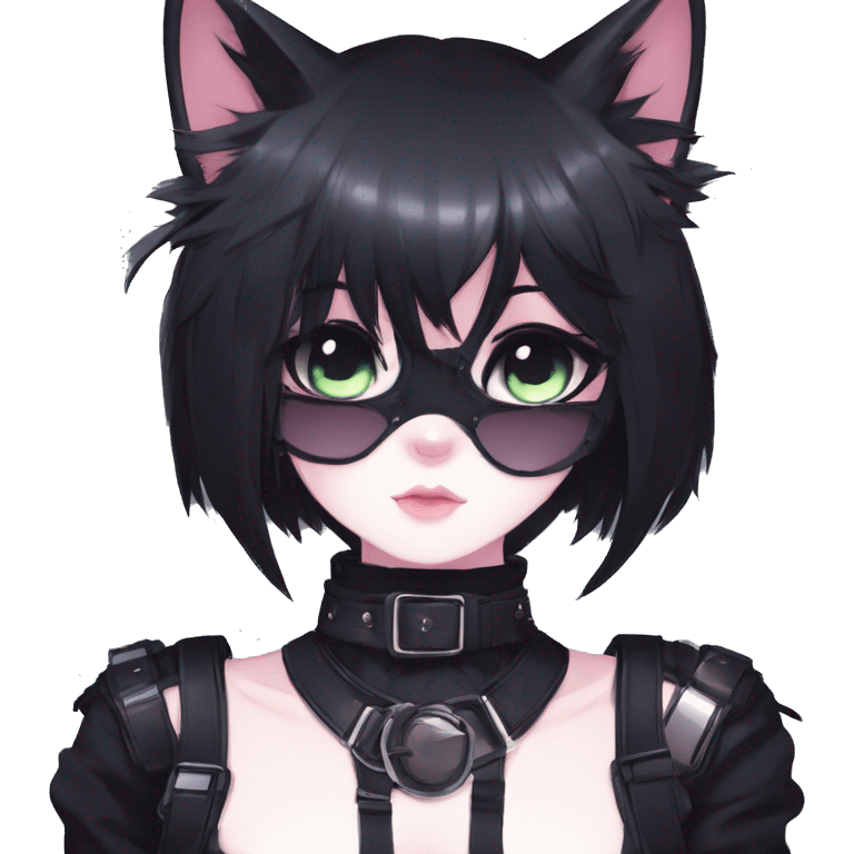 Gorgeous gothic dark techwear anime style anthro black cat furry with blushing face aesthetic and pretty edgy black with collar and harness trending style emoji