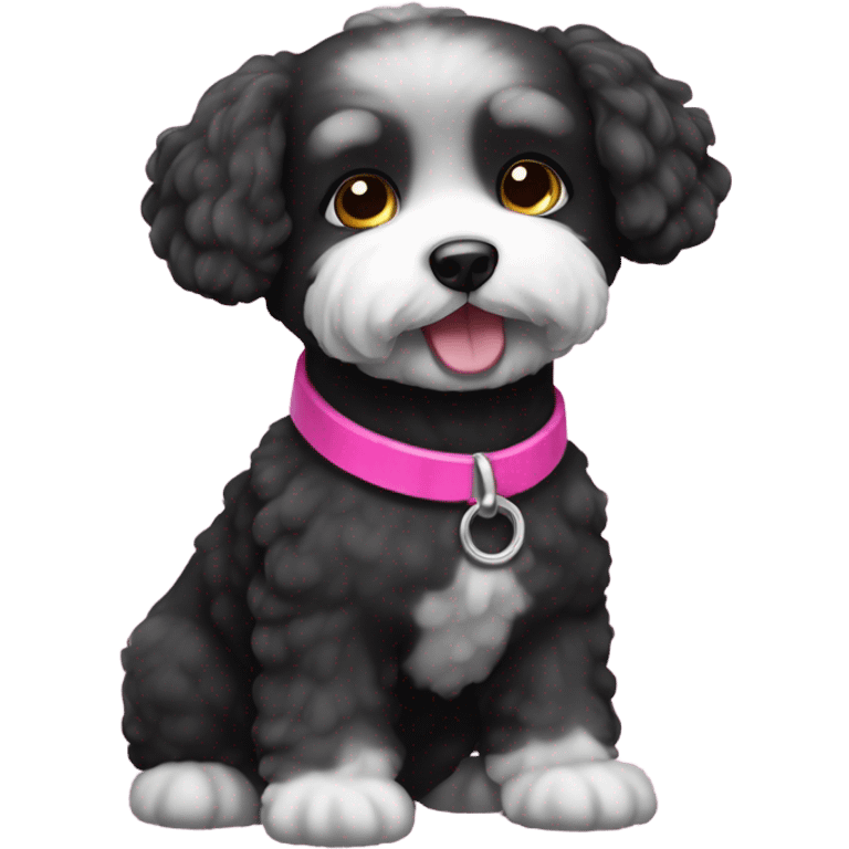 Black bichon dog with a pink collar emoji