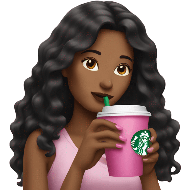 Woman with long black hair drinking Starbucks with pink fingernails.  emoji