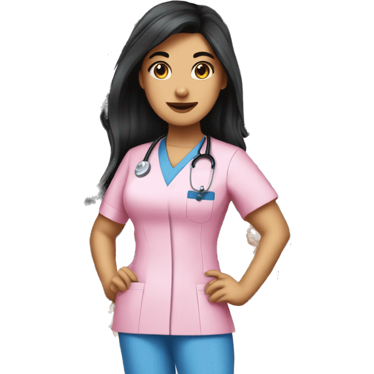 pretty brunette nurse with long black hair in pink scrubs emoji