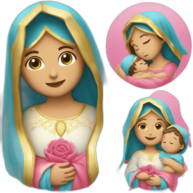 virgen con ropa celeste y rosa.. con bebé jesús en brazos  emoji