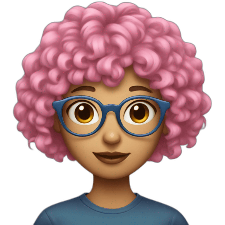 girl with curly blue hair and bangs and skinny pink round glasses emoji