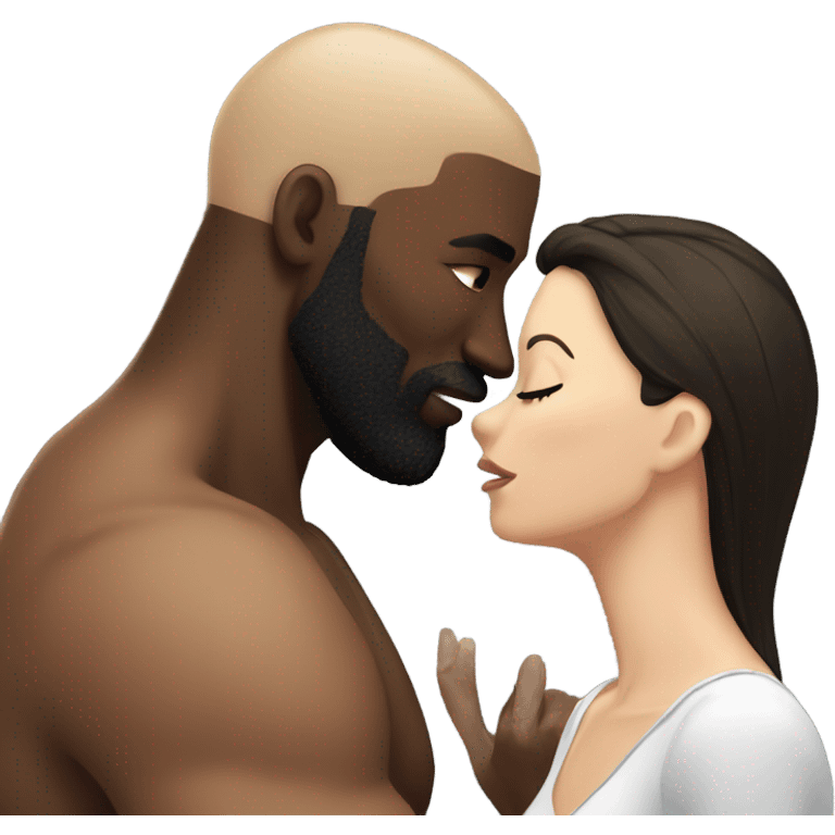 White brunette kissing muscular black bald man with beard emoji