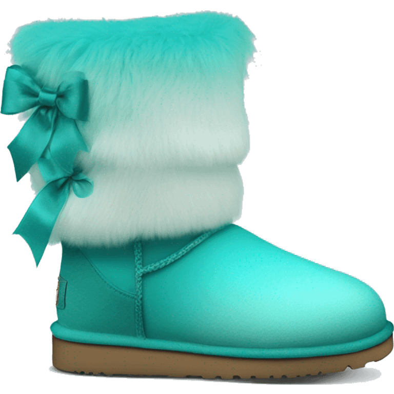 Realistic pair of tiffany blue to turquoise ombre fur Ugg boots with silk ribbon bows. emoji