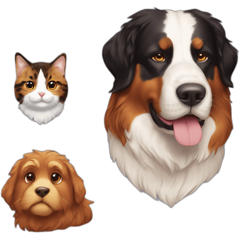 A Bernese dog next to A tortoiseshell cat without white emoji