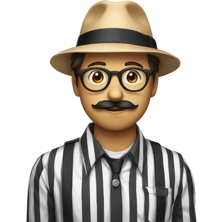 Nerd face circle emoji with black and white long sleeve striped shirt and a fedora and a mustache and a baguette and a cigarette in hand emoji