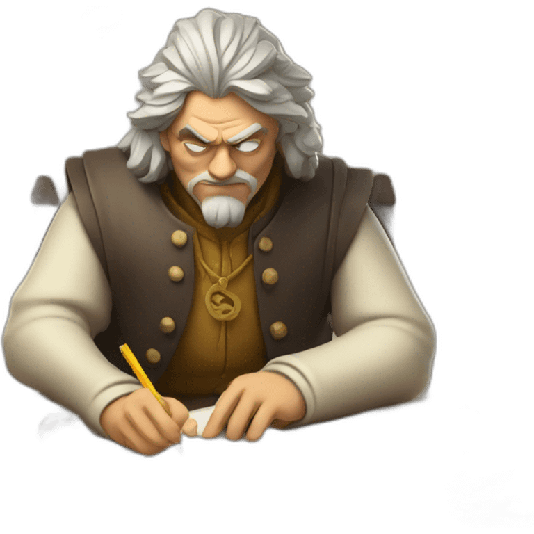 middle ages taxman, angry, writing on a paper, pile of gold emoji