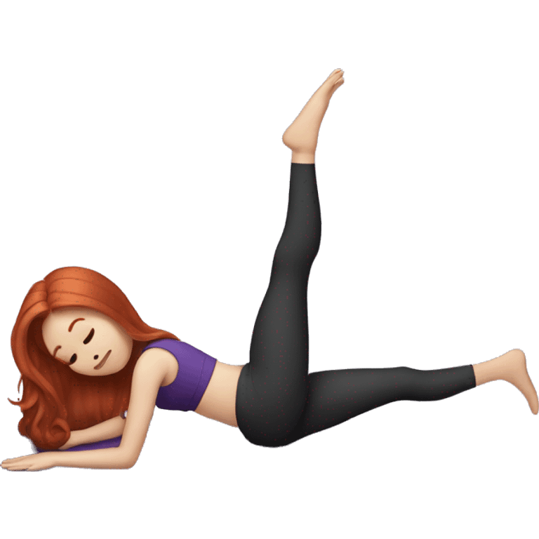 a redhead girl with long hair doing pilates, her clothes are dark purple emoji