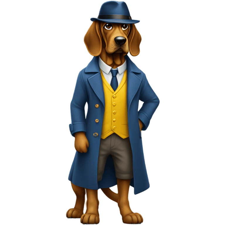 Full body Studious blue and yellow bloodhound-wearing bifocals. To hat and trenchcoat. emoji