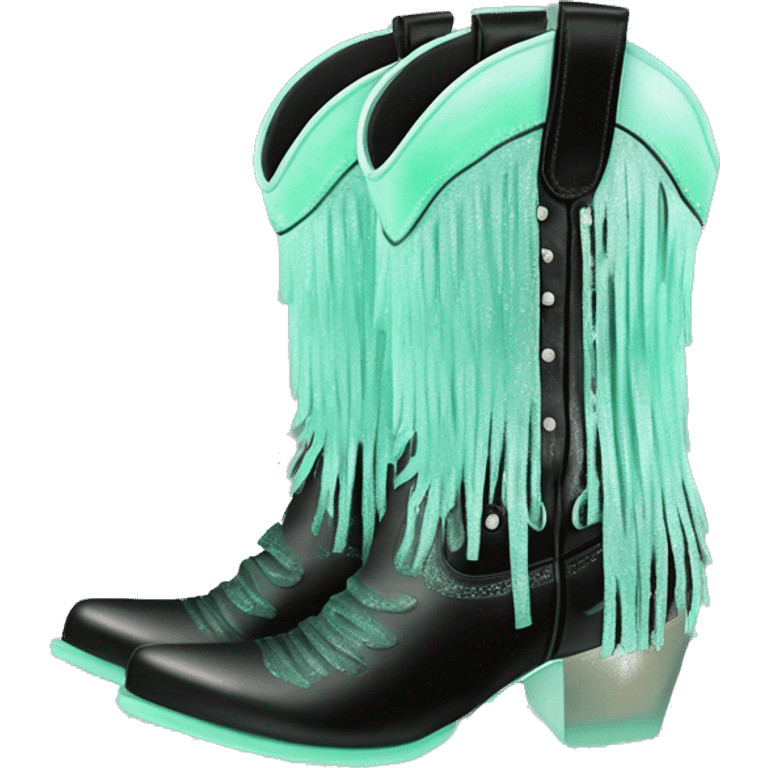 Realistic pastel mint green to black ombre pair of fashion cowgirl boots with sparkly shiny glitter fringe on them. emoji