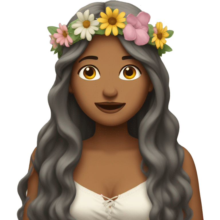 long haired woman wearing a sundress and a flower crown singing emoji