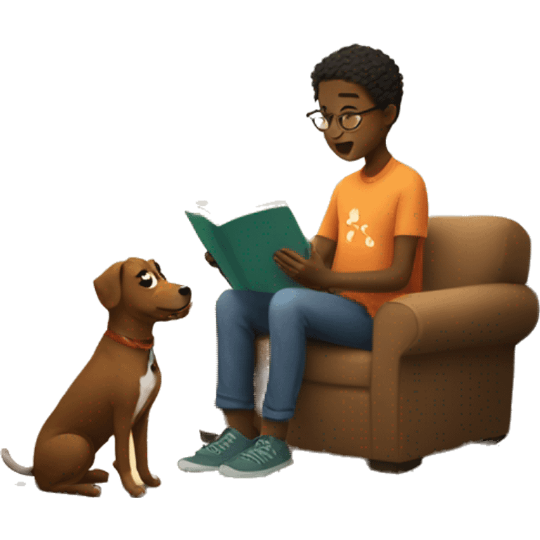 boy with dog reading indoors emoji