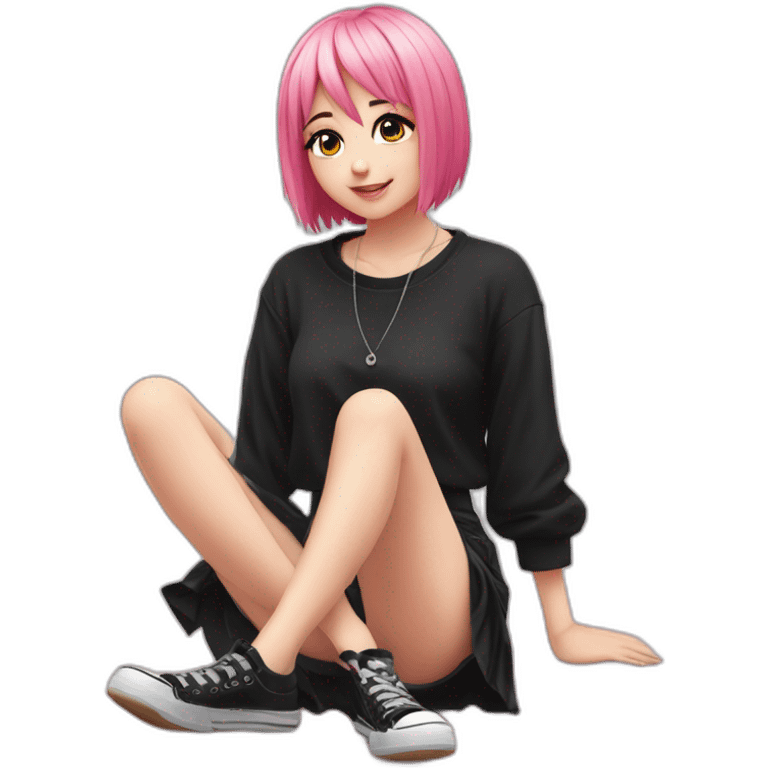 Full body Front view curvy emo girl pink hair sits on the floor straight view hands up black skirt полосатые рваные чулки emoji