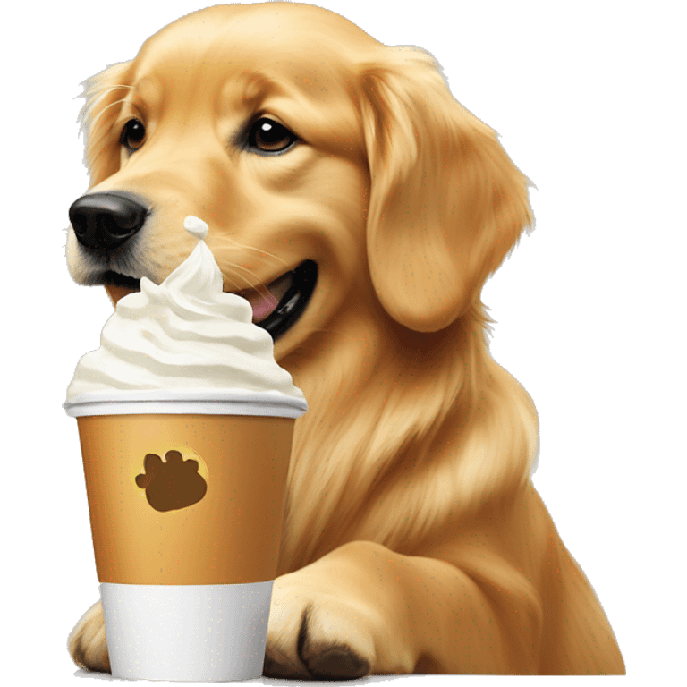 Golden retriever licking whipped cream out of small Starbucks cup emoji