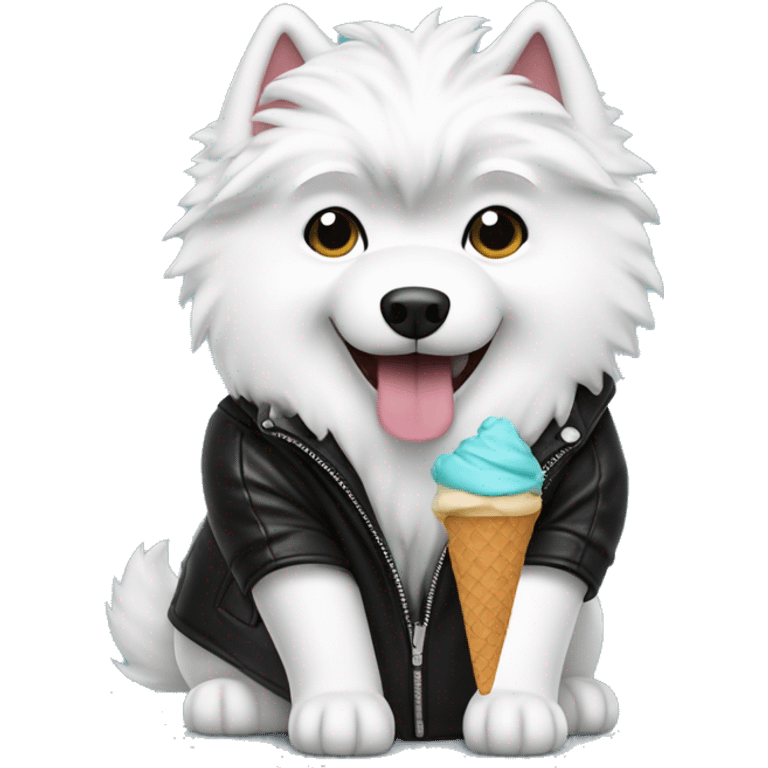 Samoyed dog eating ice cream wearing black leather jacket  emoji