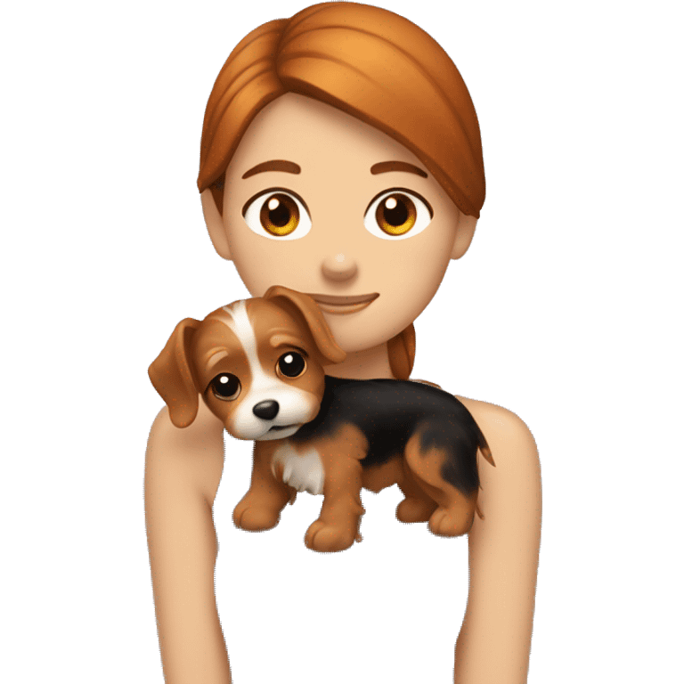 Brunette girl hugs ginger yorkie dog emoji