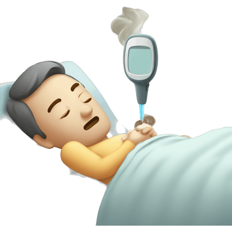 sick man lying on the bed, fever, thermometer with high temperature emoji