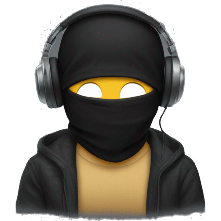 gamer with headphones and a black balaclava, there's a little bit of hair sticking out from under the balaclava. emoji