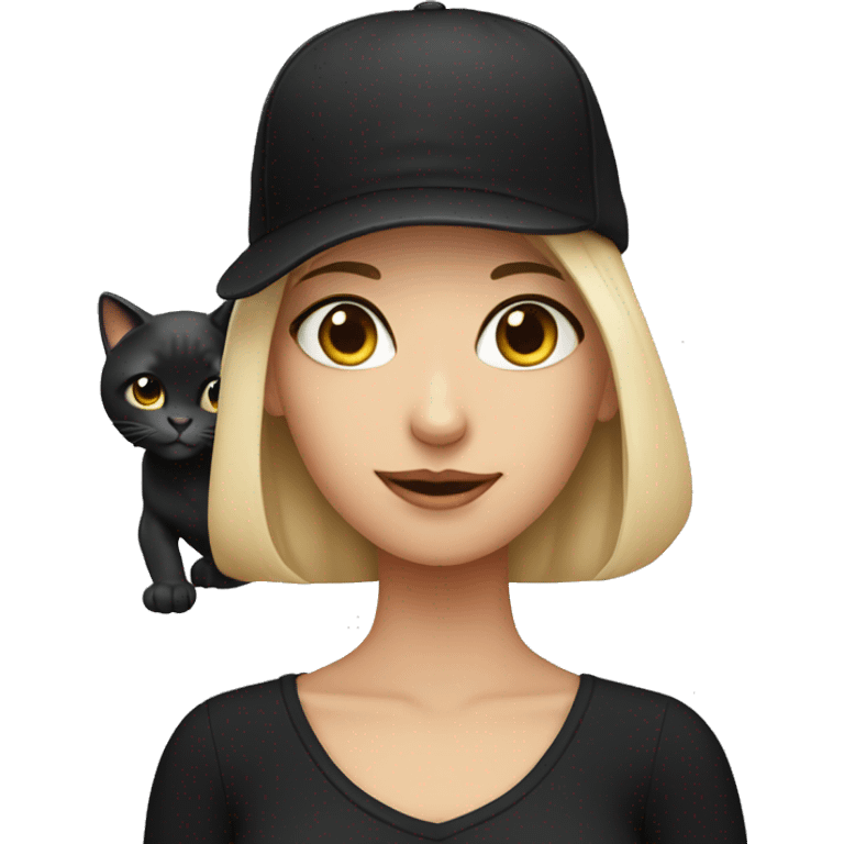 blushing girl in black dress with cat as a cap emoji