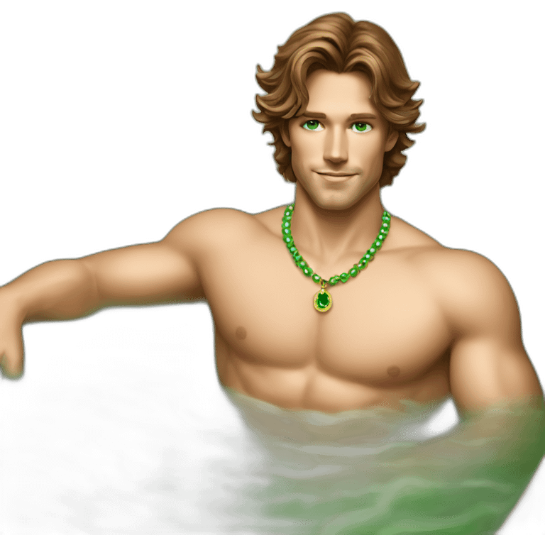 Posh-muscle-boy-brown-hair-green-eyes-pearl-necklace-in-golden-bathtub emoji