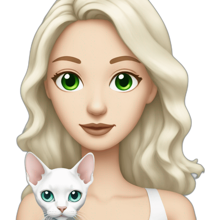 White brunette long hair woman with green eyes holding white devon rex with blue eyes emoji