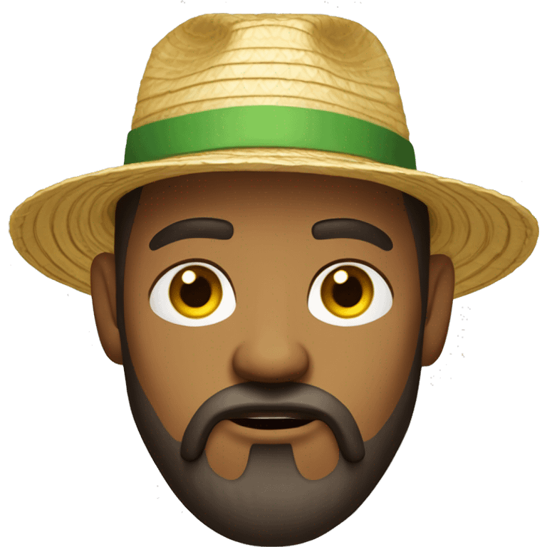 man with brown beard, light brown skin, big eye brows, wearing a straw hat and a yellow t-shirt, looking angry emoji