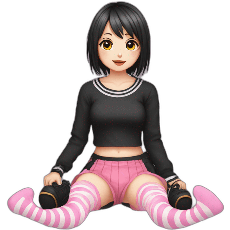 full body Front view emo girl sits on the floor black skirt pink knickers striped stockings emoji