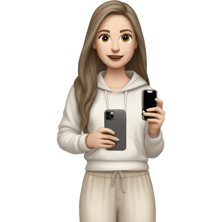 pale skin woman with long brown Hair, white hoodie, beige palazzo Arrow pants and gray blouse holding white IPhone 14 pro in the hands emoji